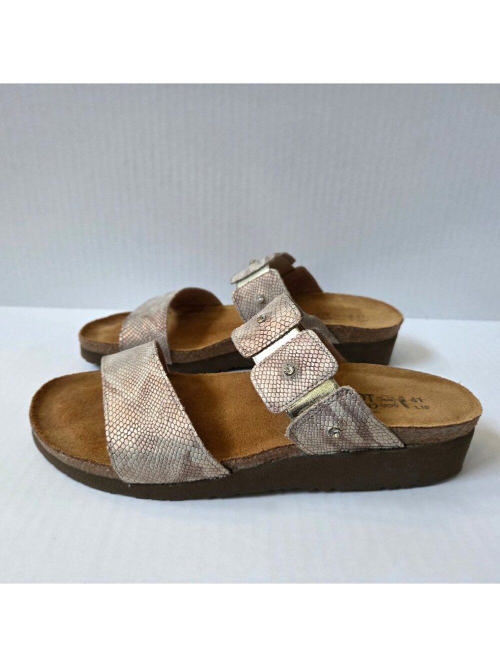 Naot Shoes Womens 41 / 10 Ashley Beige Metallic Snakeskin Leather Slide Sandals